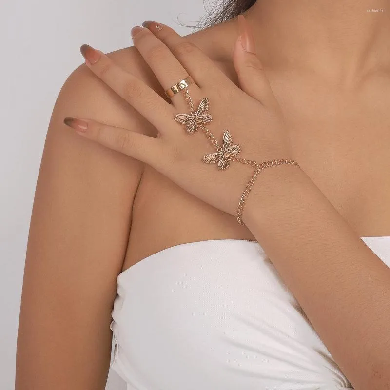 Pulseiras de link vintage punk borboleta borla anel de corrente com pulseira de pulso anéis de dedo para mulheres flor pérola jóias de zircônio