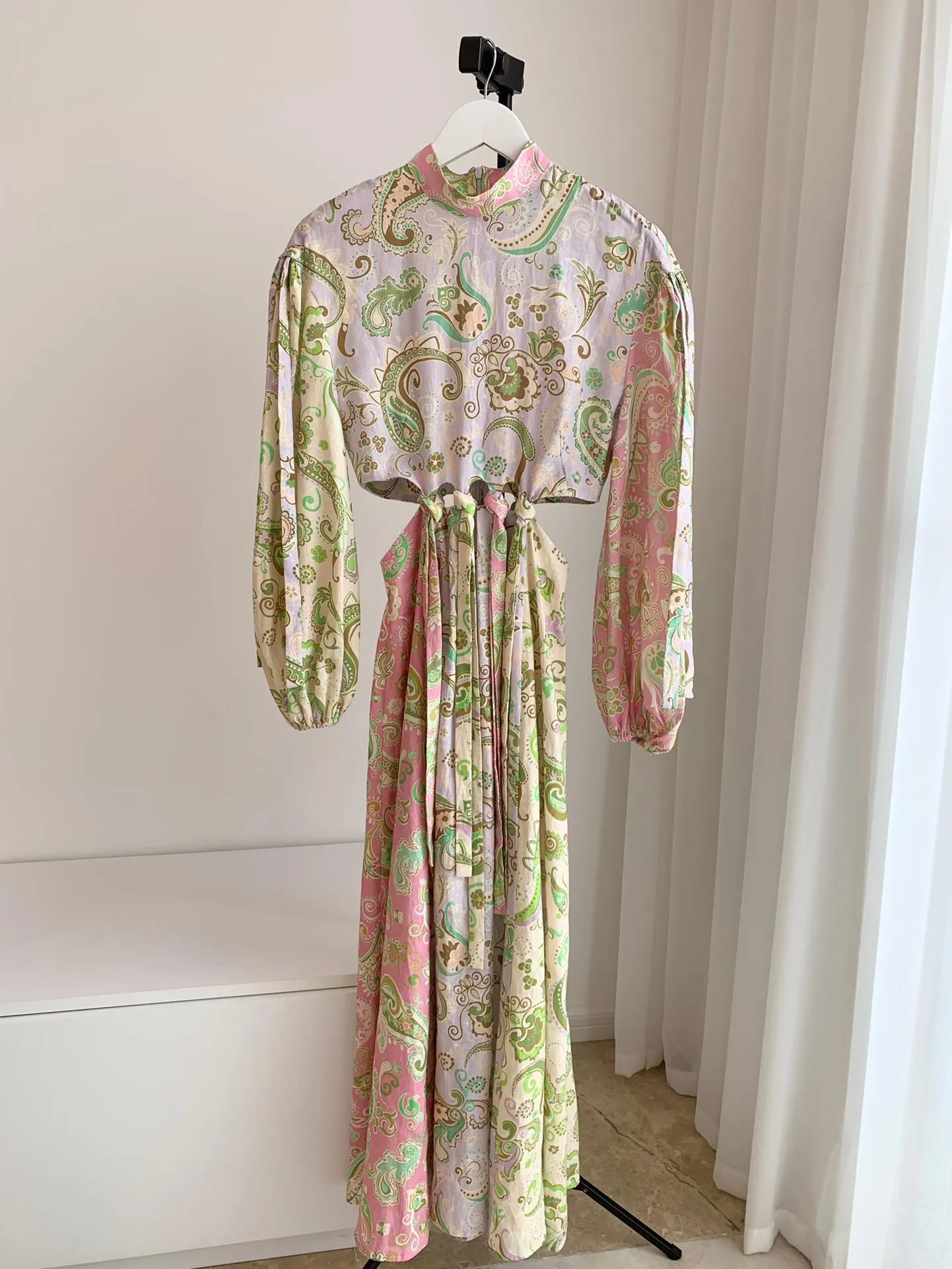 Dresses Women Holiday Wear Long Lantern Sleeve Cashew Print Hollow Out Waist Maxi Long 100% Linen Dress