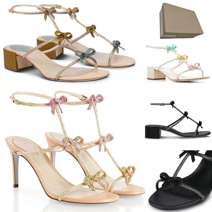 Romantische Elegante Rene Caterina Lage hakken Jeweled Sandalen Schoenen Met Strik Kristallen Vrouwen Lopen Flats Feest Bruiloft Sexy Hoge Hakken Met Doos EU35-42