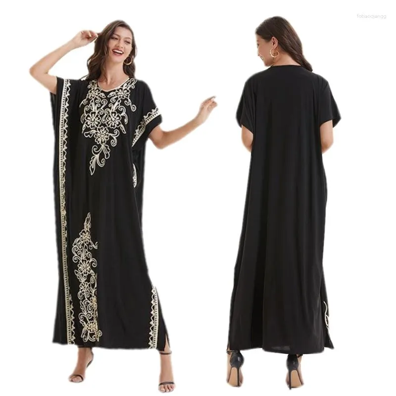 Ropa étnica Verano Bordado Flor Vestido largo Mujeres Casual Manga corta Túnica Turquía Kaftan marroquí Vestido de cuerpo entero Vestidos