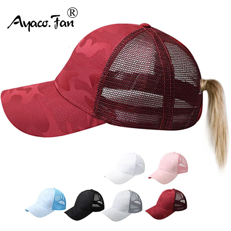 Viseras mujeres ahuecan hacia fuera la gorra de béisbol de la cola de caballo patrón de algodón combinación de varias telas de camuflaje sombrero de malla deportes al aire libre sombrero para el sol 230627