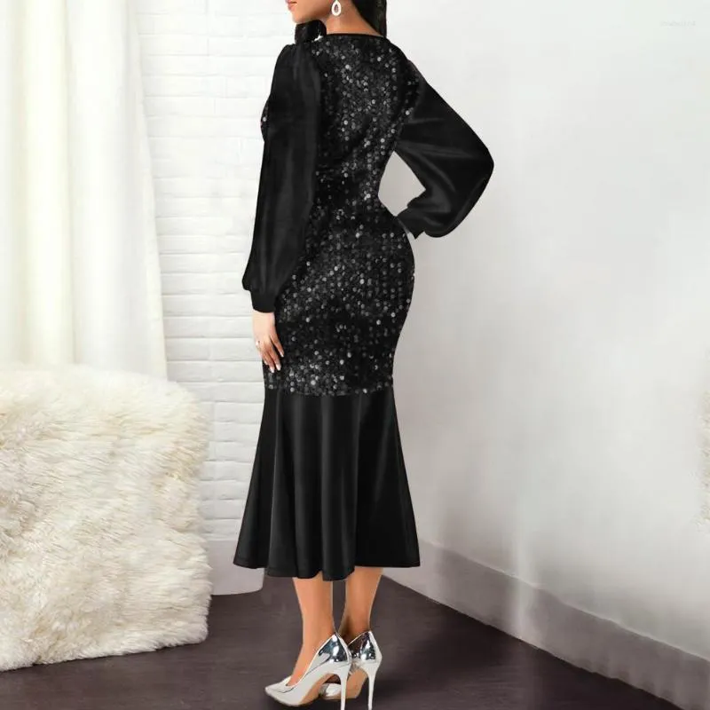 Robes décontractées Tempérament Sequin Patchwork Robe Femmes Formelle Moulante Brillant À Manches Longues Pour L'occasion