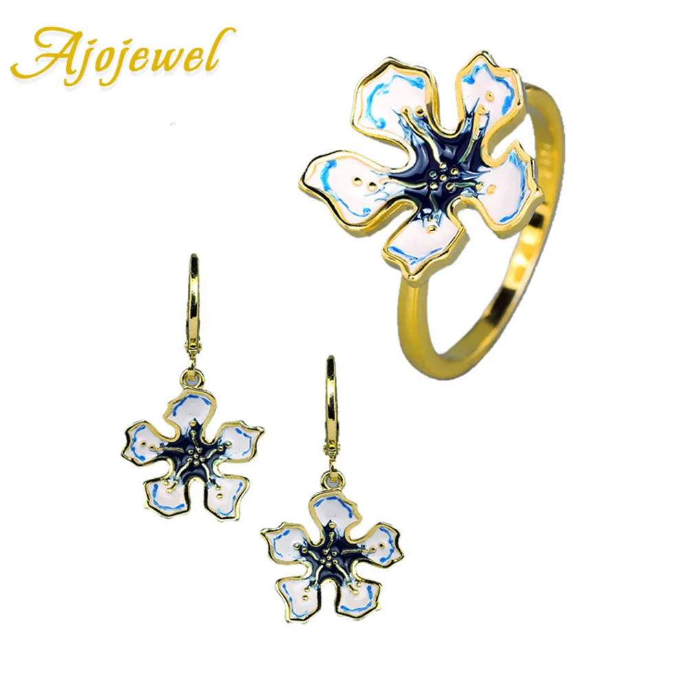 Zestawy biżuterii ślubnej AjoJewel biały niebieski kwiat Idyl dla kobiet kolczyki dla nowożeńców pierścień Enamel Beauty Prezenty 230627