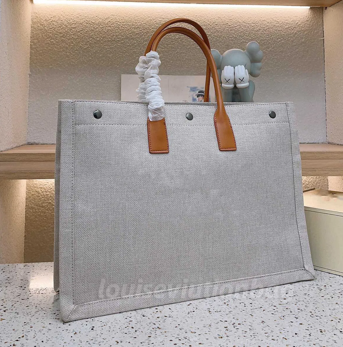 Sacola de praia Rive Gauche de grife Bolsa feminina de lona e tecido de couro de grande capacidade Bolsa de compras de luxo Bolsa de compras de linho superior Carteira de viagem 103837