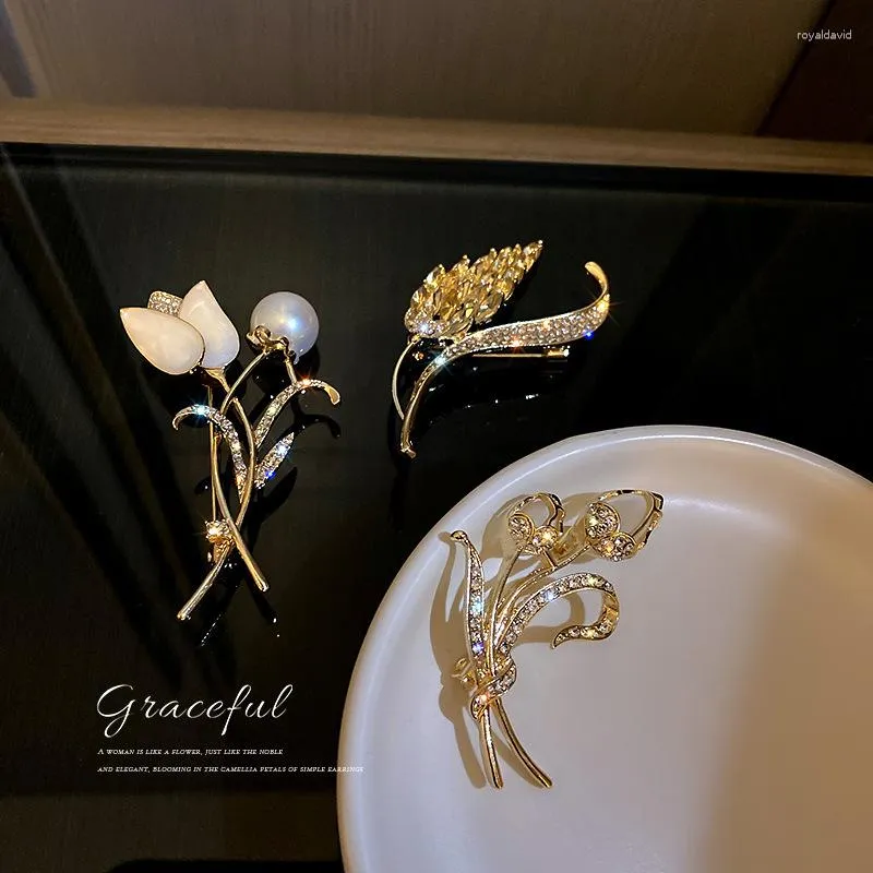Brooches Shiny Tulips Roses Flowerwheat Spikebrooches For Luxury Women's Clothing Fashion Ladies Decorative Jewelry Broche Decorativo