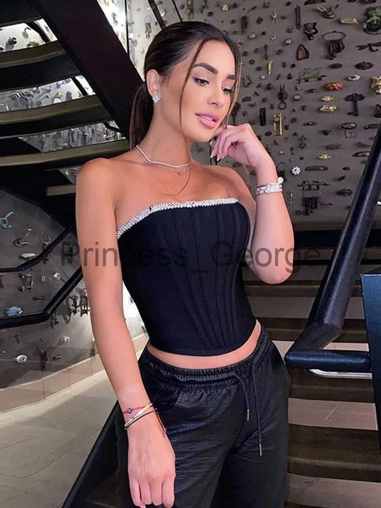 Party Dresses Black Corset Top Diamond Top Women Strapless Crop Top Skinny Backless Tank Top Sexy Outfits Solid Tanks Club Party Y2K Clothes x0629