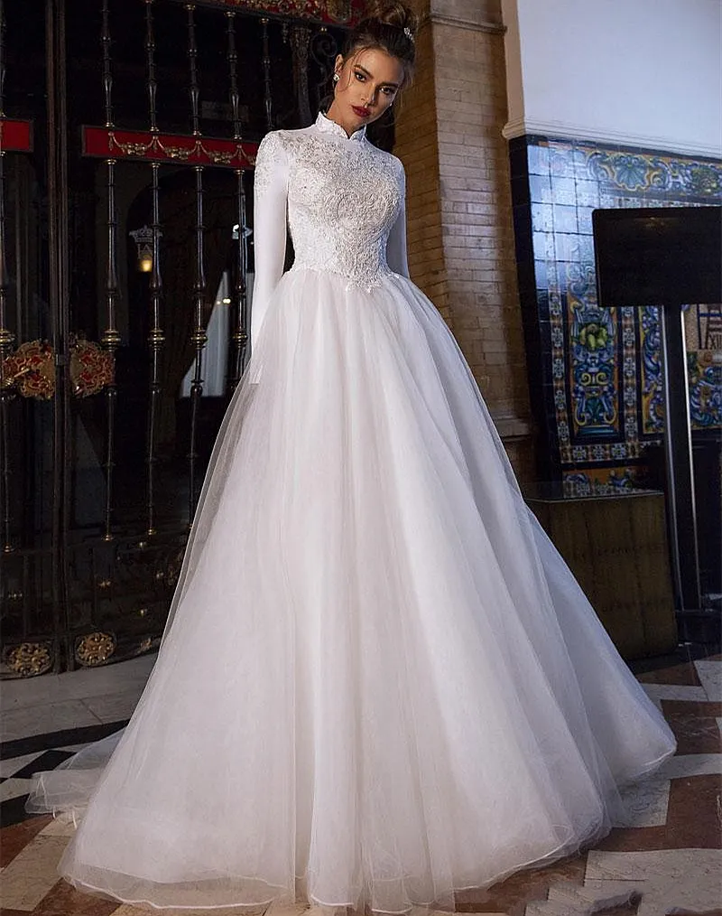 Modest Arabic Muslim White Wedding Dresses High Neck Long Sleeves A Line Tulle Bridal Gowns Top Lace Appliques Elegant Bride Wear Sweep Train 2023