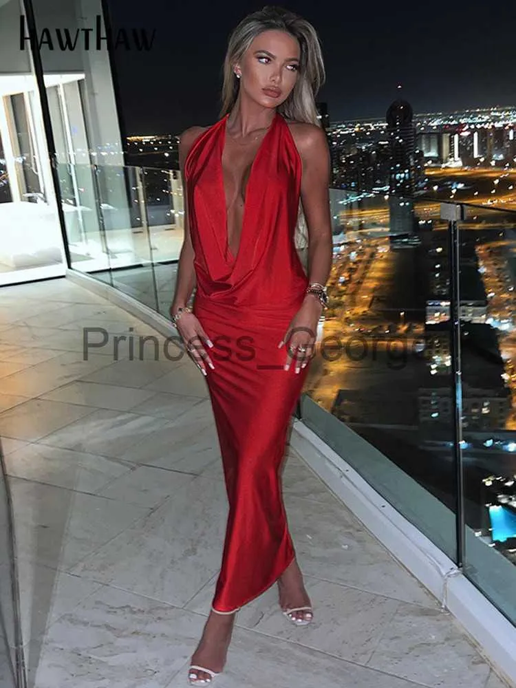 Party Dresses Hawthaw Women Sexy Halter V Neck Party Club Evening Bodycon Backless Long Dress Streetwear 2022 Summer Clothes Dropshipping X0629