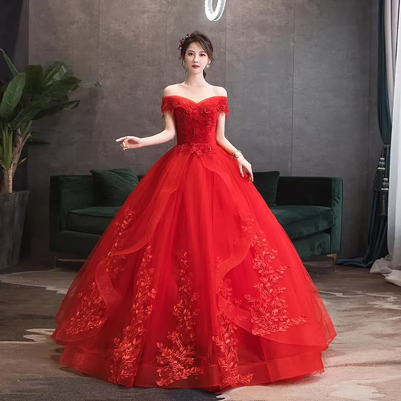 2023 dentelle rouge perlée robes de mariée chérie dentelle épaule 3D-appliques florales dos nu sans manches balayage train formel balayage tain brillant robes de mariée turques