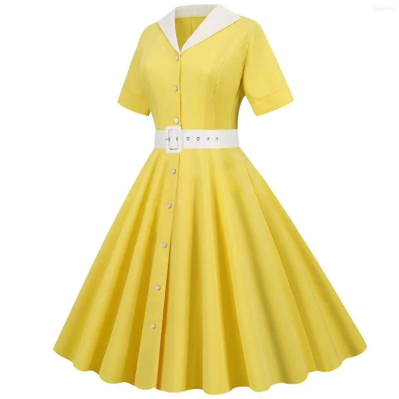 Casual Dresses 1950s 1960s Summer Women's Dress Lapel V-neck Short Sleeved Belt Solid Color Retro Large Swing Stage Party