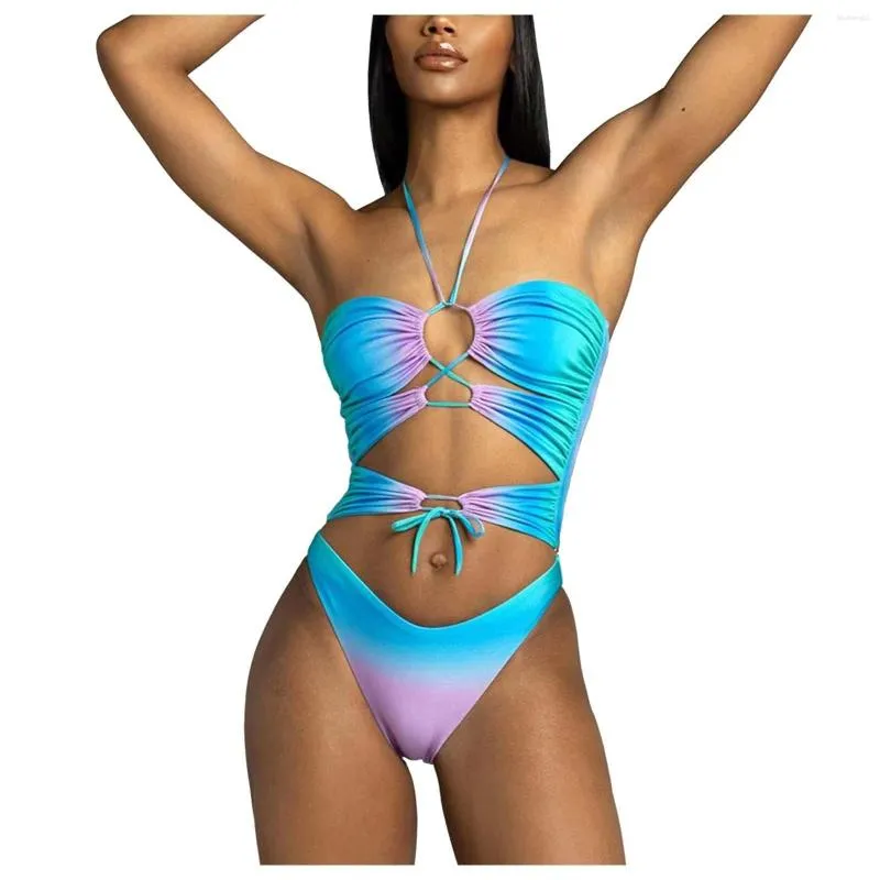 Kvinnors badkläder Kvinnor Bikini Set Gradient One Piece Swimsuit Cut Out Swimming Baddräkter Beach Suit