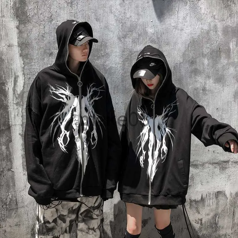 Aolamegs Mens Punk Graphic Hoodie Casual Oversized Black Zippered