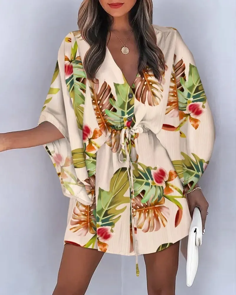 Basic Casual Dresses Summer Beach Mini Women Boho Print Lace Up Button Batwing Sleeve Female Sexy V Neck Party Dress Vestidos 230629