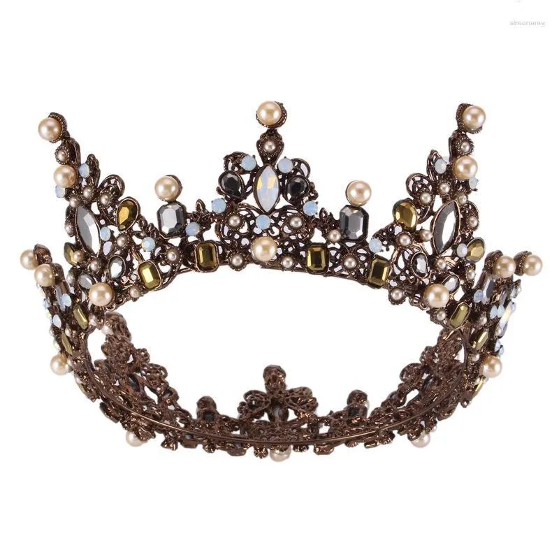 Pinces à cheveux Vintage Baroque Perle Cristal Grande Couronne Diadème Strass De Mariée Couronnes Rondes Bandeau Bijoux De Mariage Diadèmes Bandeau