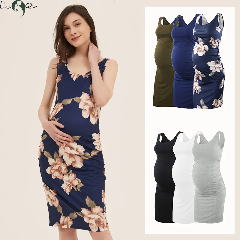 Vestidos para Grávida Liu Qu Feminino Sem Mangas Regata Casual Lado Ruching Bodycon Vestido para Grávida para Uso Diário ou Chá de Bebê 230628