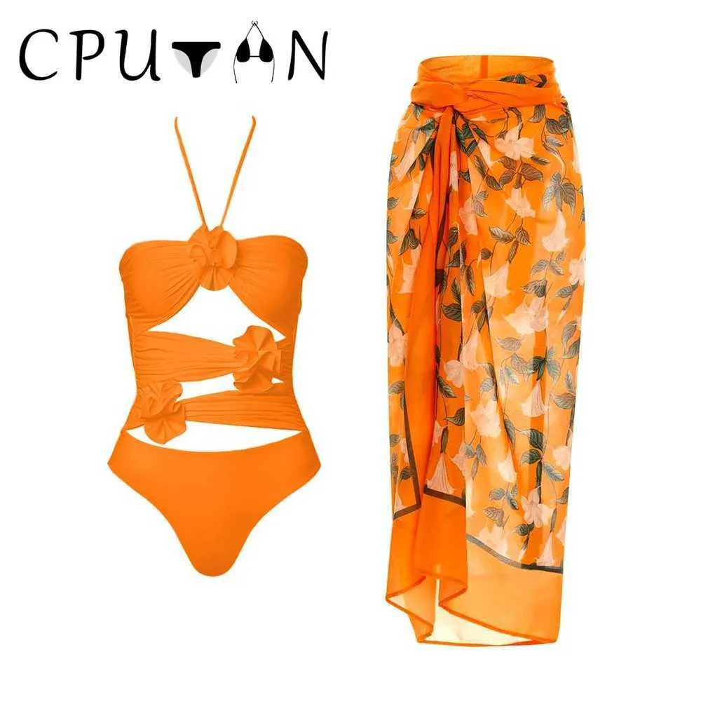 Swim wear CPUTAN 2023 Sexy One Piece Swimsuit Skirt Summer Women Halter 3D Flower Print Swimwear Beach Dress Cover Up Monokini Bath Suit HKD230628