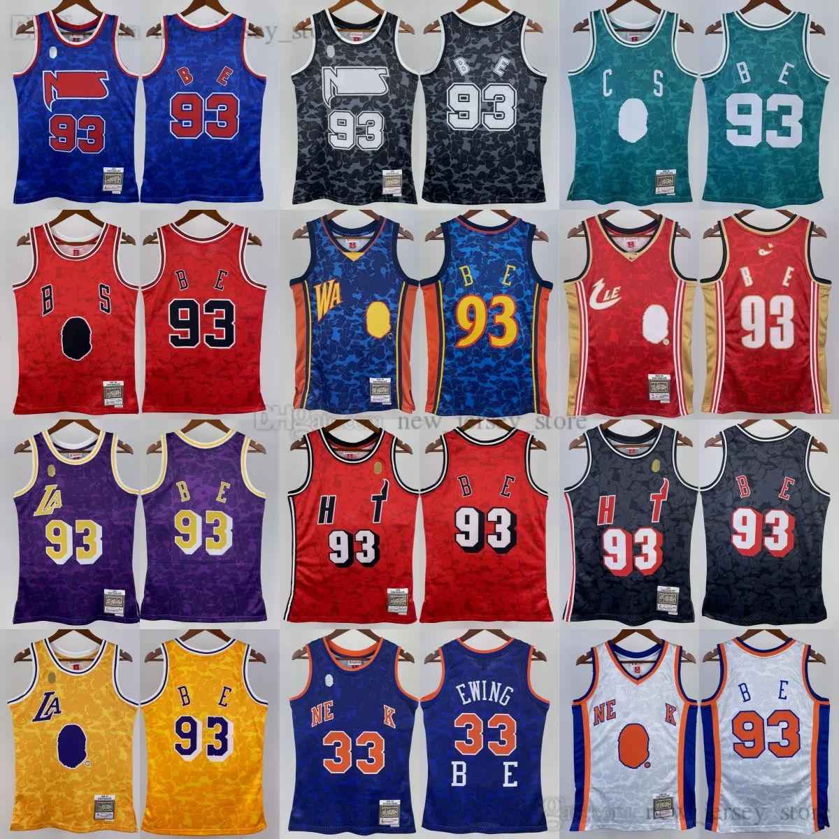 Bedrukt Klassiek Retro 1993 Basketbal #93 B A P E Jersey Retro Wit 1991-92 Blauw #33 Patrick Ewing Geel Paars Rood Groen Zwart Jerseys Overhemden