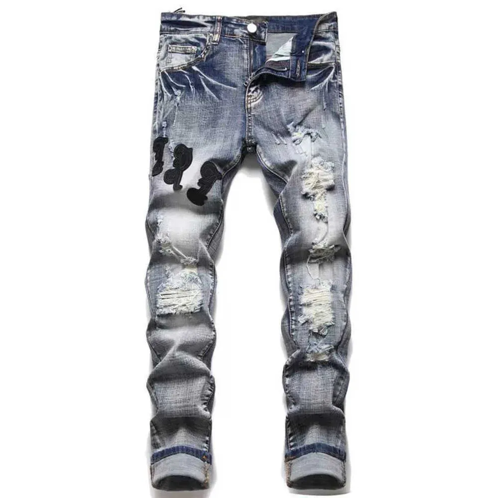 Männer Jeans Baumwolle Hosen Loch Casual Slim Männer Mode Denim Brief Stern Mann Stickerei Patchwork Hose für Trend Mens dünne Europäische