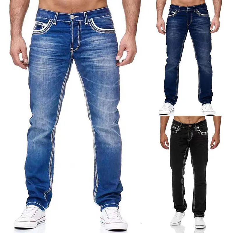 Mens Jeans raka män tvättade inget hål jean vår sommar pojkvän streetwear lös cacual designer long denim byxor byxor 230629