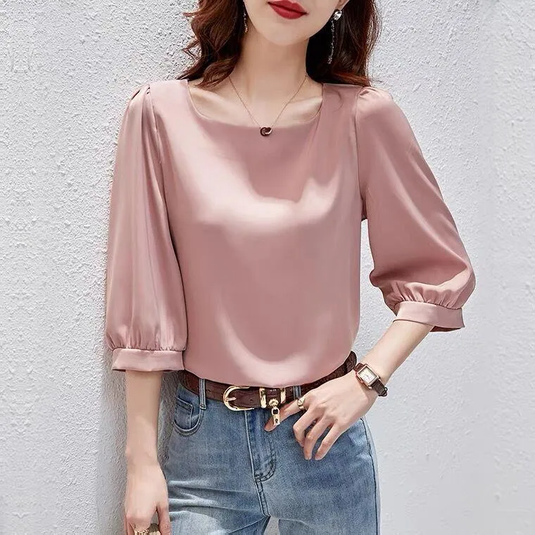 Women's Blouses Spring Vintage Pink Ice Silk Shirt Women Casual Loose Lantern Sleeve Tops Elegant Satin Three Quarter 2023