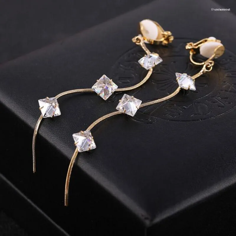 Dos Boucles D'oreilles Grace Jun Top Qualité Or Couleur Carré CZ Long Clip Sur Sans Piercing Pour Les Femmes Parti Charme Oreille