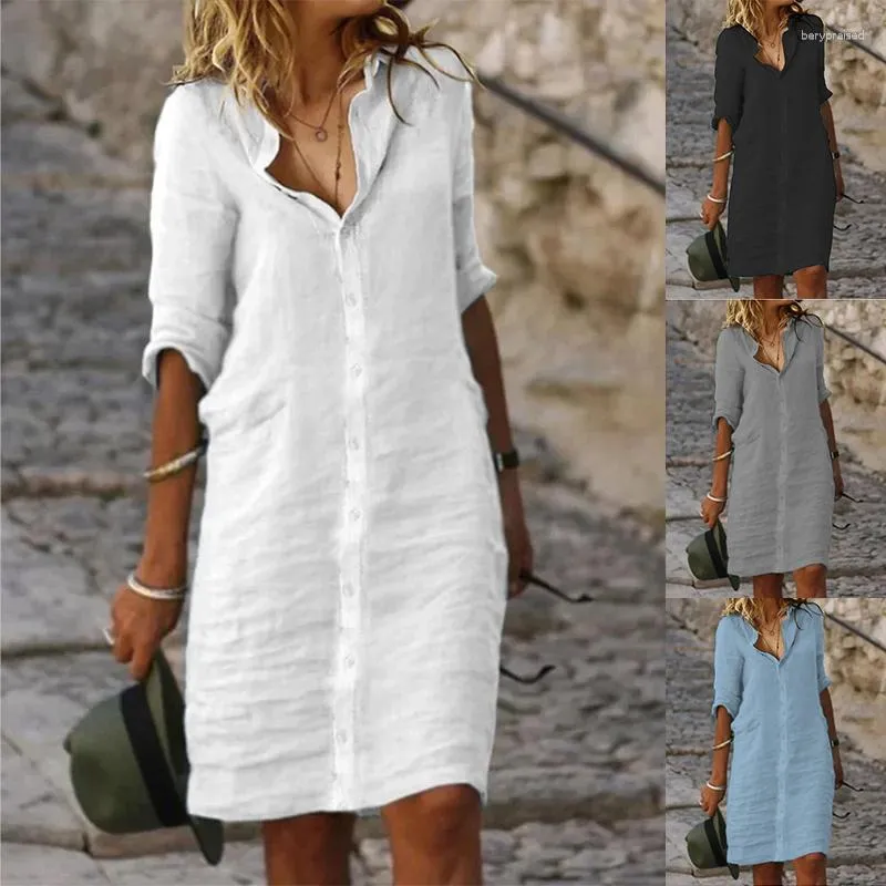 Casual Dresses Women's Summer Loose Lapel Button Half Sleeve Solid Color Cotton and Linen Shirt Dress Vintage Cardigan Kne Length