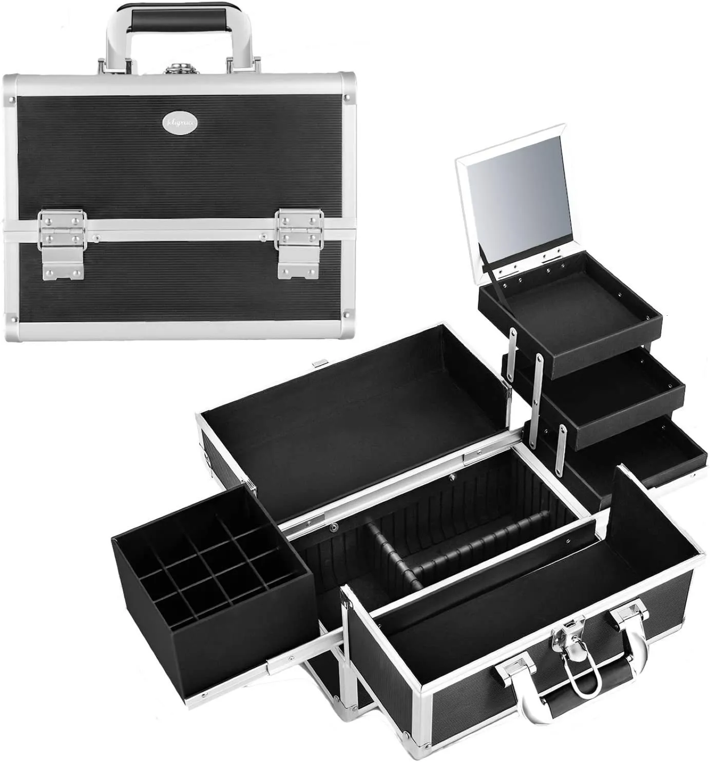Makeup Train Cases Case Organizer Box Multifunktion Portable stor kapacitet Kosmetisk lagring med 3 brickor Polska slots spegel Låsbar 230628