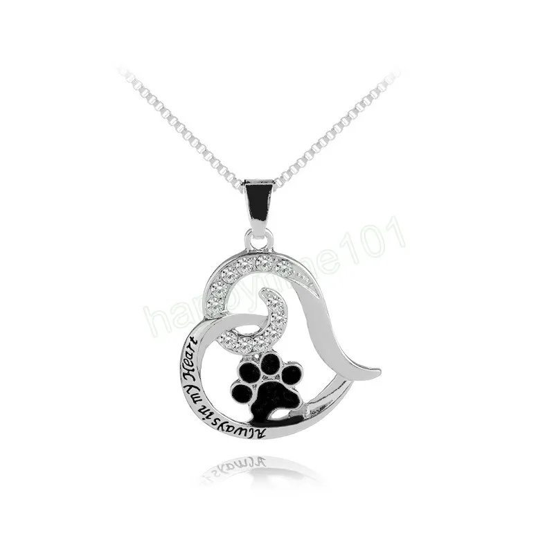 Charm Hollow Heart Shape Necklace For Women Girls Pet Lovers Rhinestone Cat Dog Paw Footprint Pendant Halsband smycken gåvor