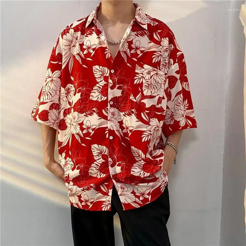 Men's Casual Shirts E-BAIHUI Red Vintage For Floral Men Print Japan Style Short Sleeve Blue Loose Summer Male Clothing Tops