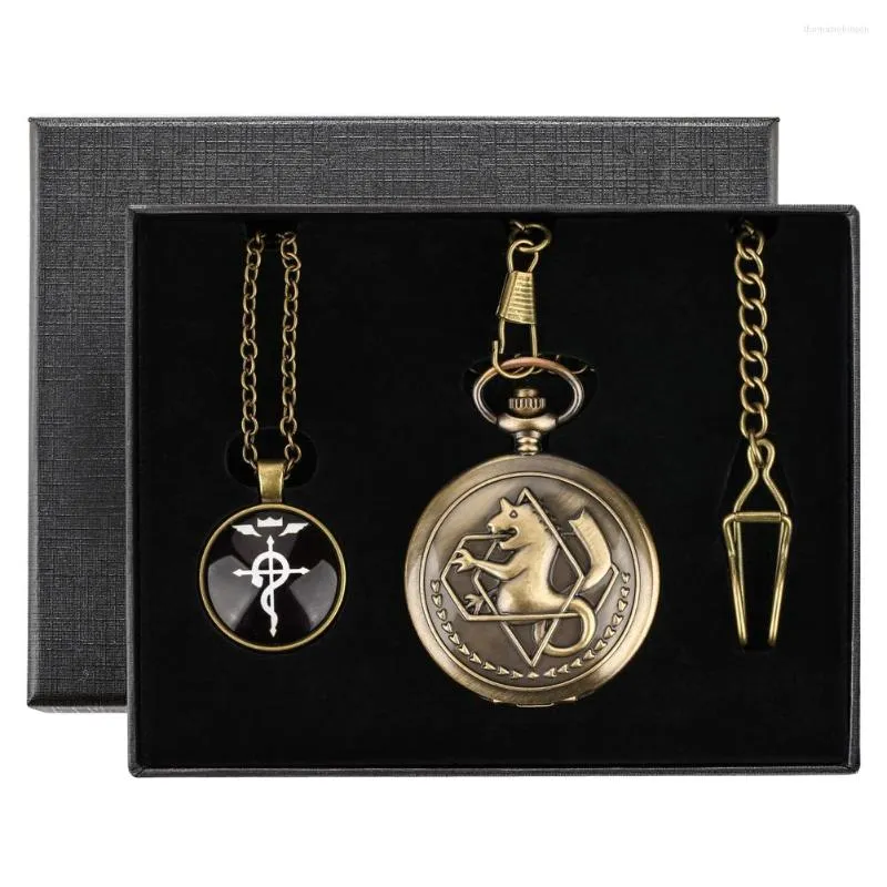 Zakhorloges Brons/Zilver/Zwart Fullmetal Alchemist Serie Horloge Sets Mannen Vrouwen Quartz Klok Vintage Hanger Ketting Geschenken