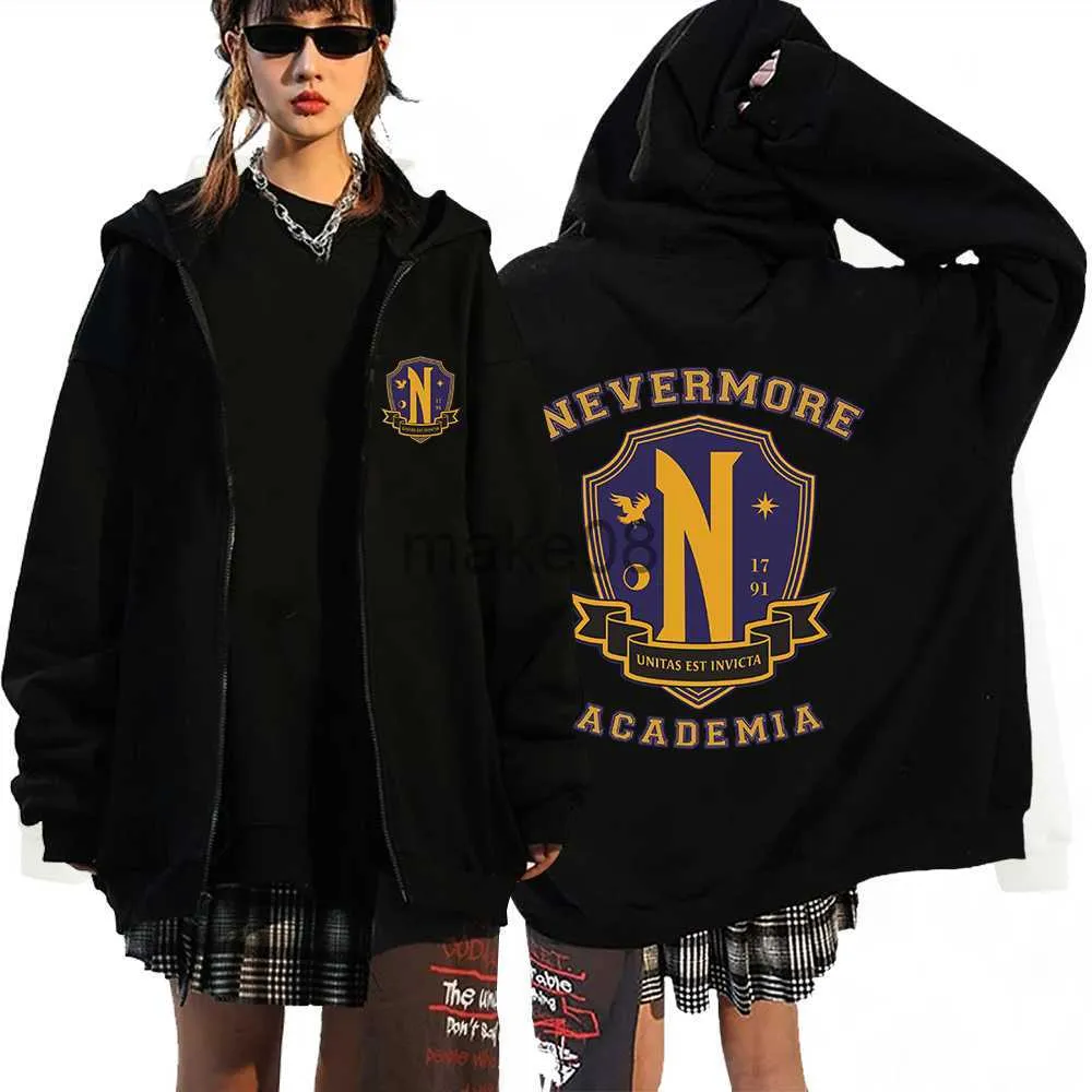 Heren Hoodies Sweatshirts Wednesday Addams Nevermore Academy Rits Hoodies Vrouwen Mode Lente Oversized Losse Tops Zwart Mannen Rits Jas Jassen J230629