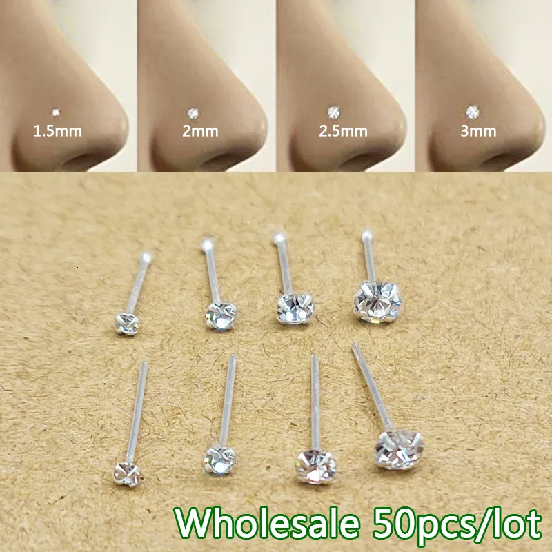 Naso Anelli Studs 50pcslot Pin Piercing 925 Sterling Silver 15mm 2mm 25mm m Rotondo Clear Crystal gioielli nariz 230628