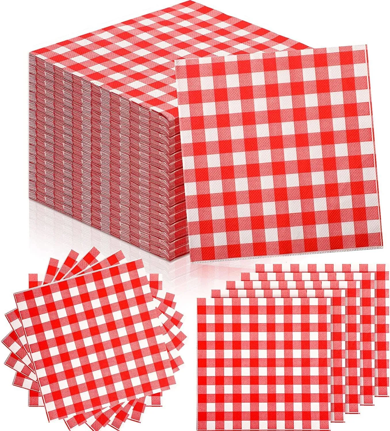 Checkered Gingham Paper Napkins, Disposable Cocktail Napkins, 40 Pcs 25 X 25cm, For BBQs, Parties, Afternoon Tea, Restaurants, Bars, Picnics, Red