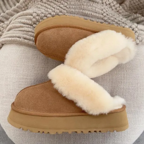 Women Genuine Leather Slipper Fluffy Winter Warm House Platform No Rear Elastic Belt Slippers Chestnut Antelope brown