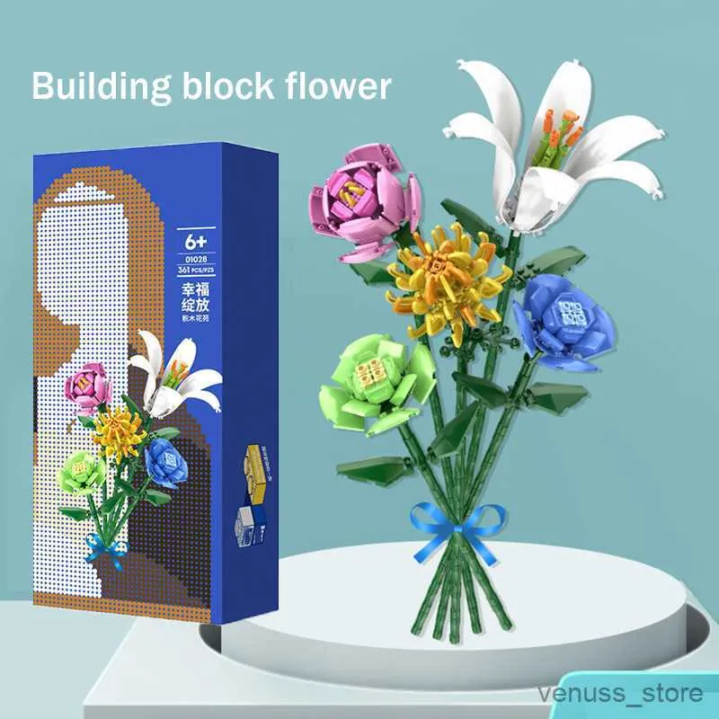 Block byggstenar blomma mini växt kruka bukett hem dekoration liljan ros simulering blommor barns pedagogiska leksaksgåva R230629