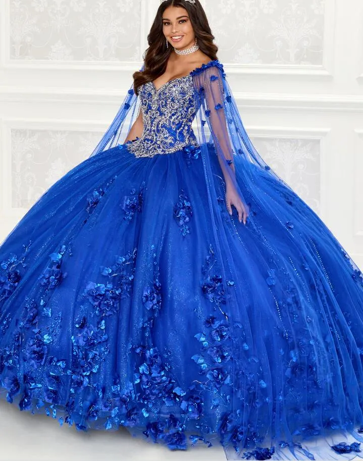 Vestidos de quincea era fucsia azul real con capa desmontable fuera del hombro vestidos de cors con cuentas de cristal para 15 a os de aniversario