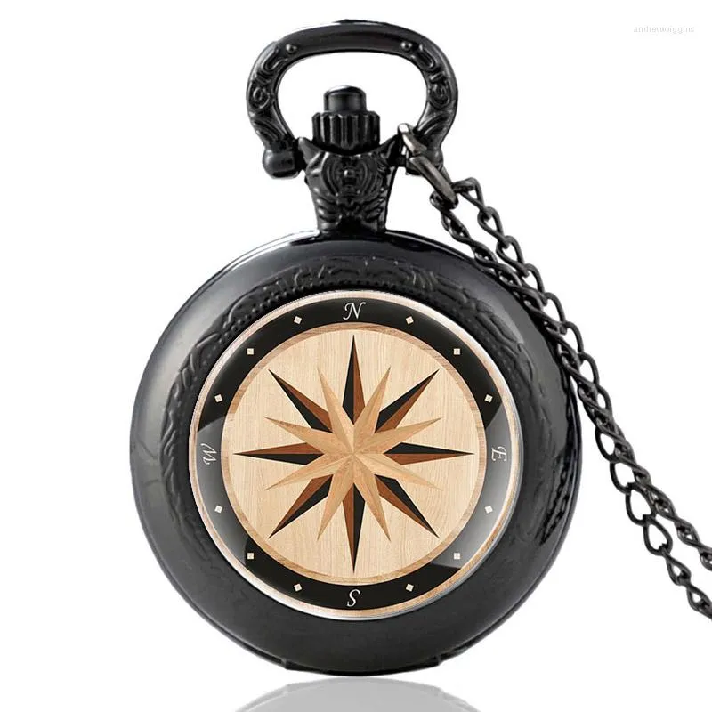 Pocket Watches Retro Compass Design Black Vintage Quartz Watch Men Women Glass Dome Unique Pendant Necklace Hours Clock Presents