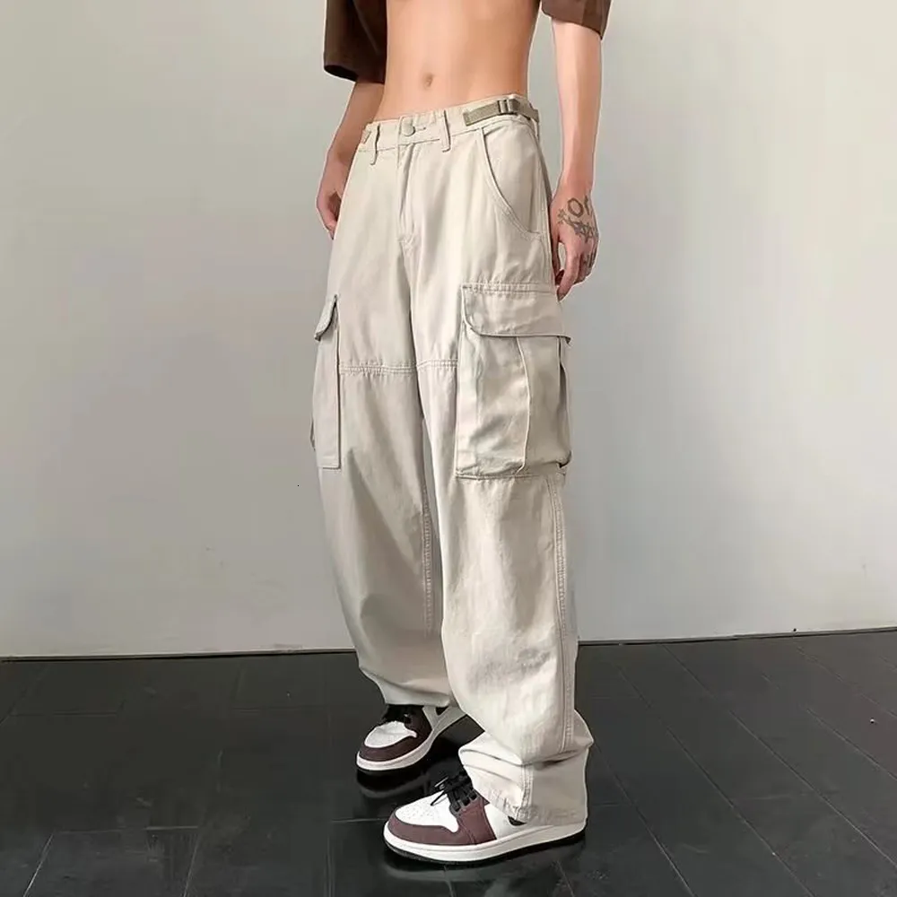 【BOK PLACE】Pocket Cargo Long Wide Cotton Pants High Street Loose Cargo Pants Womens For Men And Women