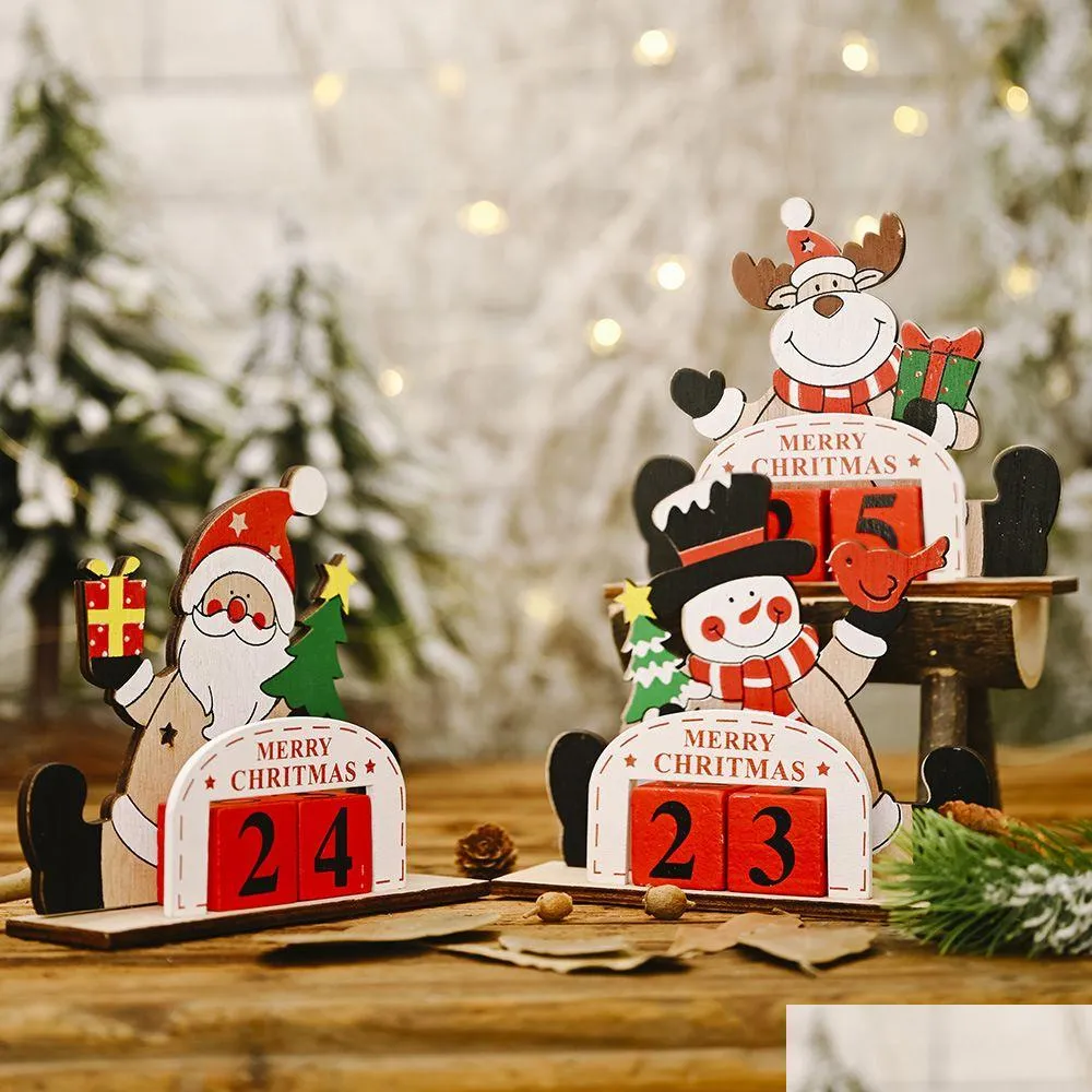 Decorações de Natal Advent Countdown Calendar Desktop Ornament Blocos de Madeira Papai Noel Boneco de Neve Rena Decoração de Mesa Kdjk2110 D Dhkpb