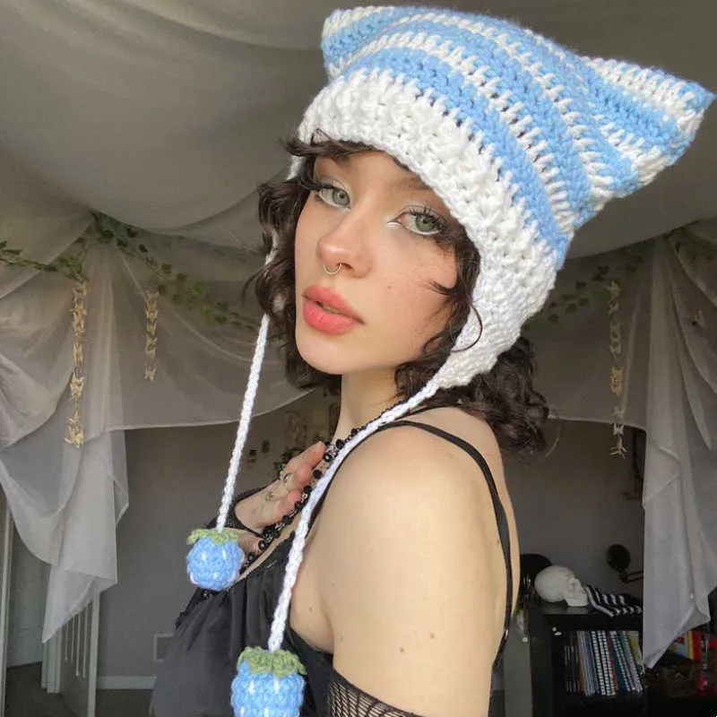 Caps Cute Ears Beanies Women Autumn Winter Crochet Hat Striped