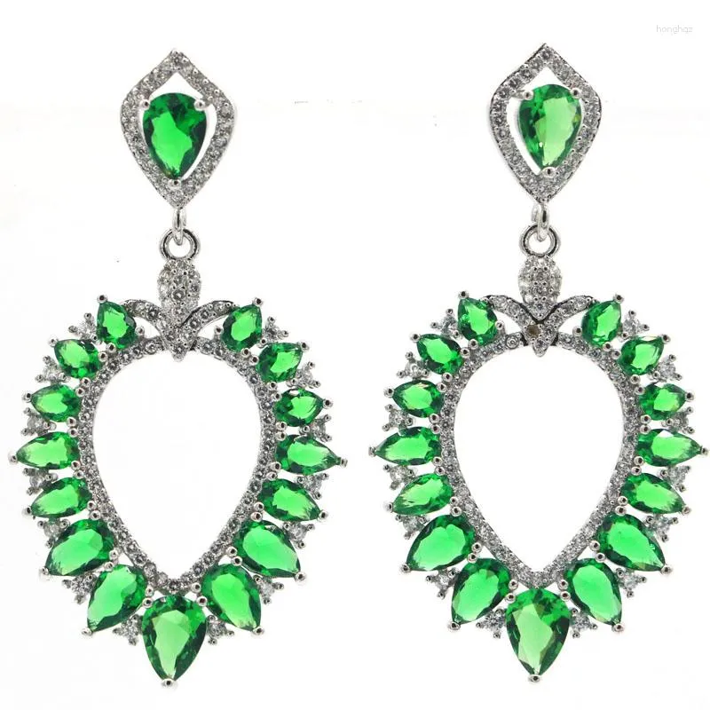 Studörhängen 52x26mm Gorgeous Big Drop Green Emerald White CZ Women Weddnig 925 Silver