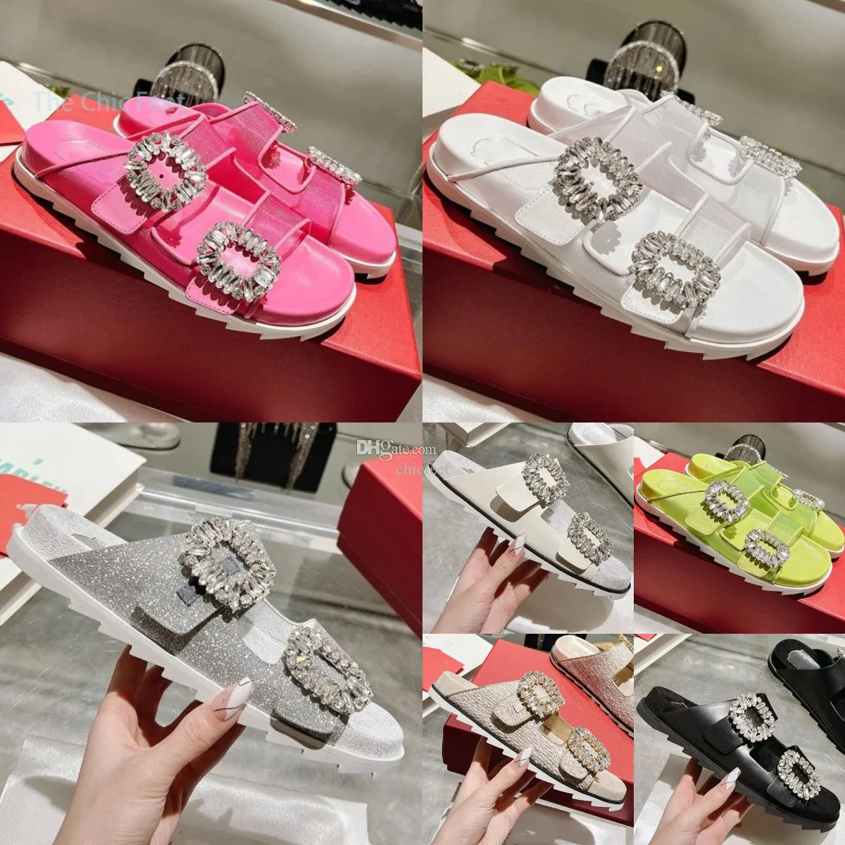 Strass Slipper Designer Vrouwen Slide Sandalen Zomer Merk Corium Slippers Casual Strand Schoenen Twee Riem Verstelbare Gesp Platte Sandalen Maat 35-41