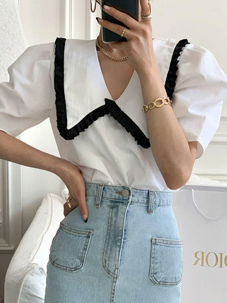 Chemisiers pour femmes HziriP Chic Ruffles Chemises Douces Revers Manches Bouffantes Été 2023 Office Lady All Match Streetwear Casual Work Wear Tops