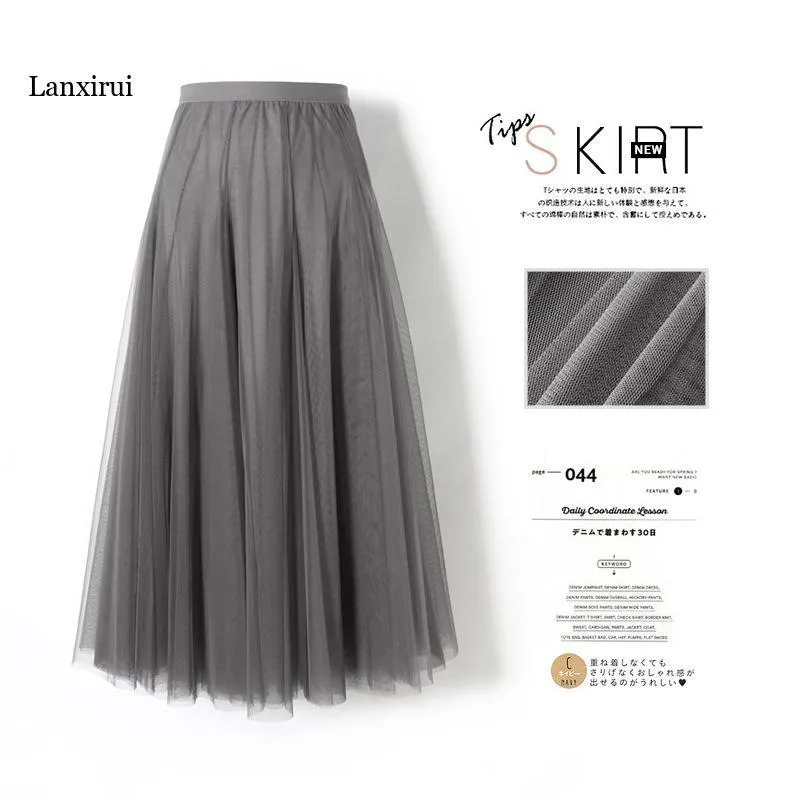 Jeans Autumn Winter Vintage Tulle kjol Kvinnor Elastisk hög midja mesh kjolar lång veckad tutu kjol kvinnlig jupe longue