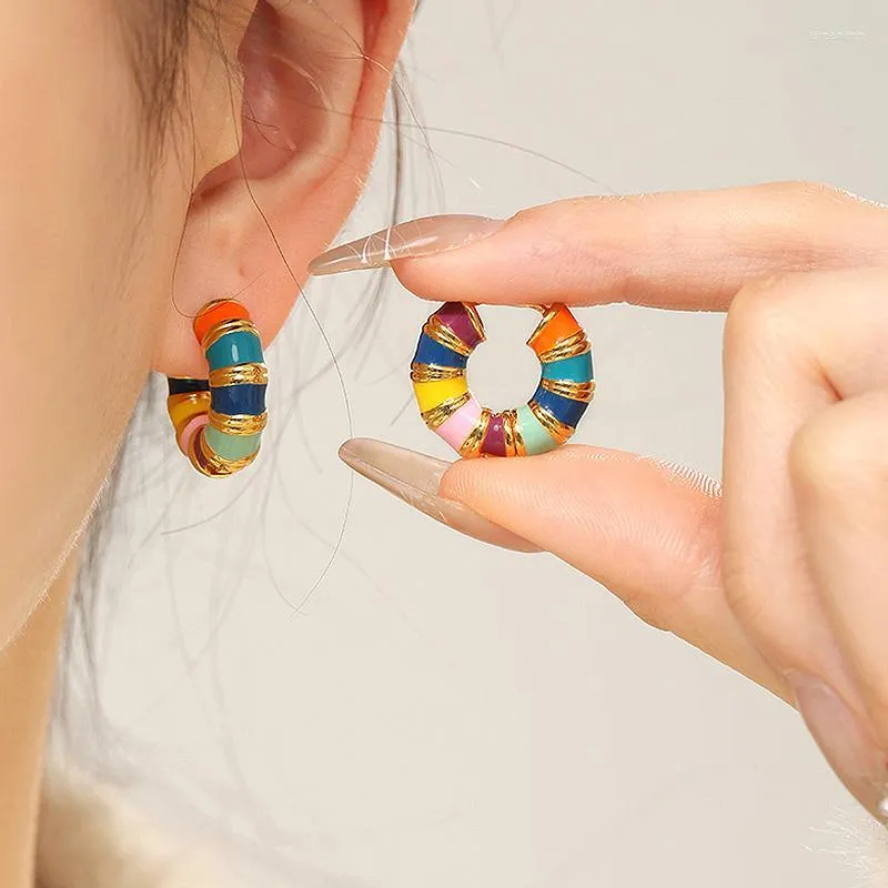 Hoop Earrings 1 Pair Colorful Enamel Ear Buckle For Women French Vintage Premium Sense Exquisite Round Small Studs Jewelry Pendientes