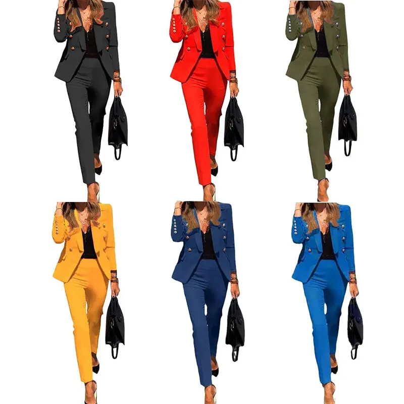 Women Fashion Slim Elegant Suit Jacket and Pants Set Red All Match Office Lady Wear Solid Color Blazer Elastic Pants Suit