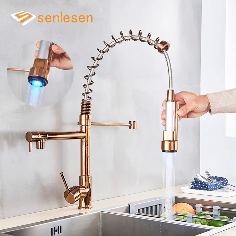 Bathroom Sink Faucets Senlesen LED Light Rose Golden Kitchen Faucet Single Handle Pull Down Spring Kitchen Faucets Dual Spout Cold Water Mixer Tap 230628