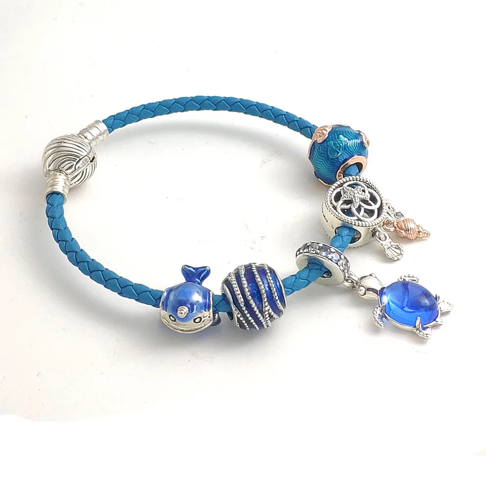 NOWOŚĆ 925 SREBRY SREBRY Uroki Niebieskie bransoletki dla kobiet Starszy Designer Prezent Mody Flower Ocean Turtle Wiselant