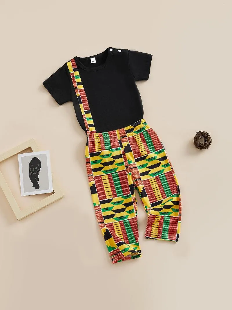 Giyim Setleri Mubineo Yürümeye Başlayan Kız Bebek Erkek 2 adet Afrika Baskı Kıyafetler Kente Dashiki Giysi T Shirt Pantolon (E1 Siyah Sarı 12-18