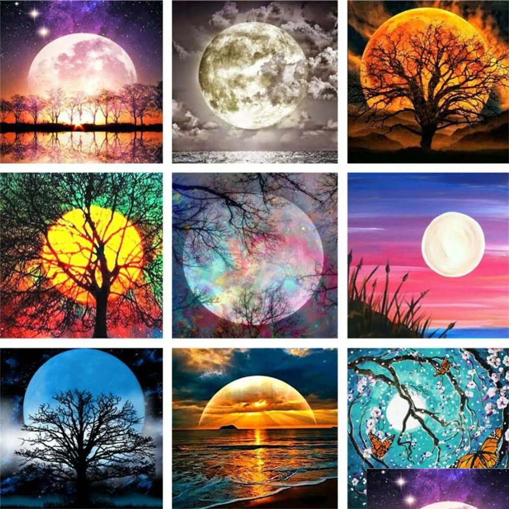 Diamant Peinture 5D Kits Débutant Lune Nuit Mer Paysage Fl Drill Ding Peinture Par Numéros 9.8X9.8 Pouces Xb Drop Delivery Accueil Garde Dhirj